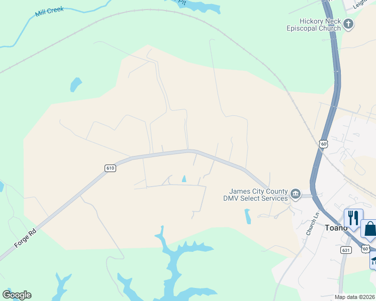 map of restaurants, bars, coffee shops, grocery stores, and more near 2865-2899 State Route 610 in James City