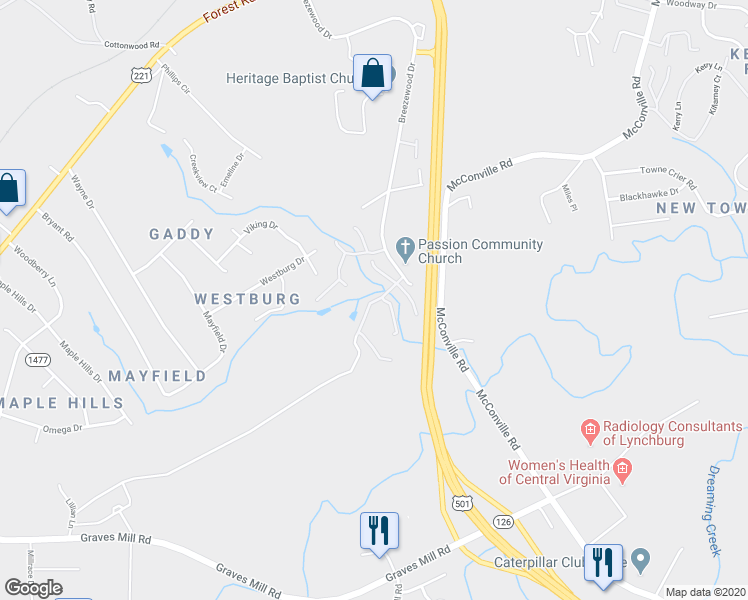 map of restaurants, bars, coffee shops, grocery stores, and more near 307 Stonemill Drive in Lynchburg