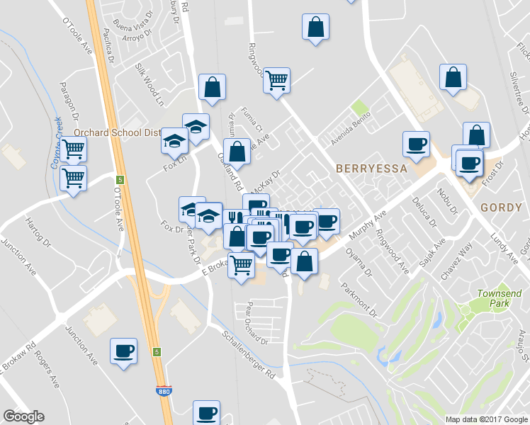 map of restaurants, bars, coffee shops, grocery stores, and more near 1125 Homer Common in San Jose