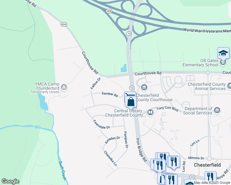 map of restaurants, bars, coffee shops, grocery stores, and more near 7500 Sambar Road in Chesterfield