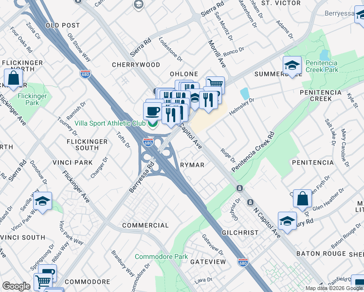 map of restaurants, bars, coffee shops, grocery stores, and more near 2586 Rymar Drive in San Jose