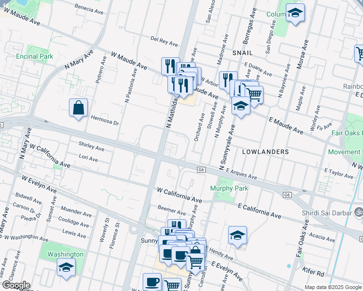 map of restaurants, bars, coffee shops, grocery stores, and more near 148 Walnut Avenue in Sunnyvale
