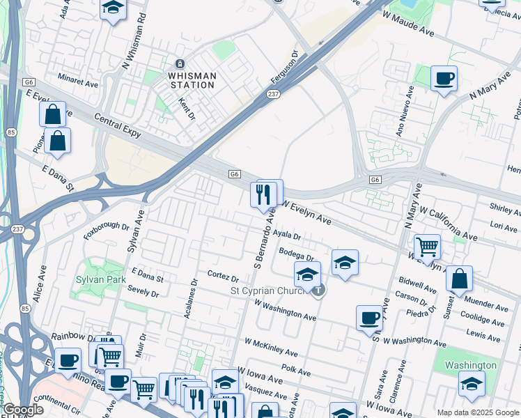 map of restaurants, bars, coffee shops, grocery stores, and more near 1209 Ayala Drive in Sunnyvale