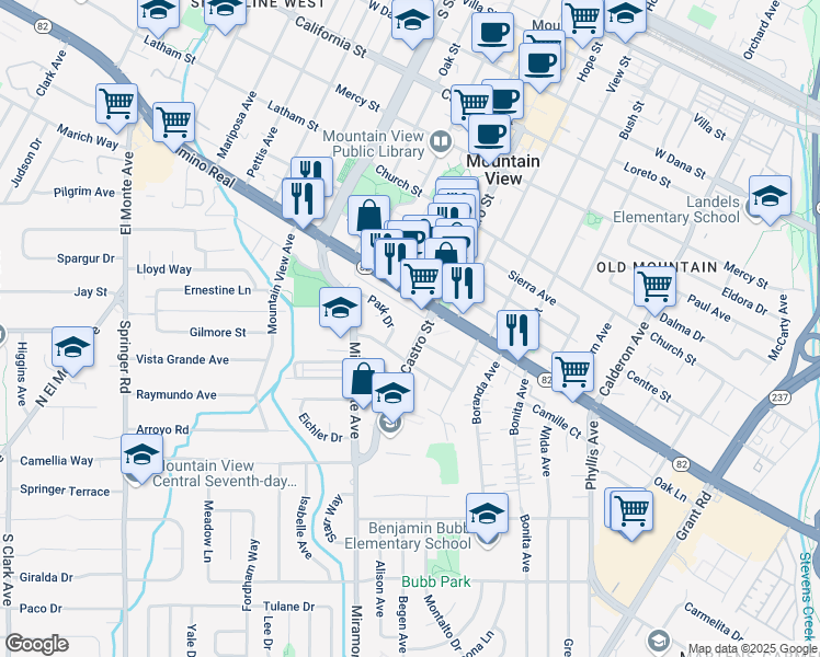 map of restaurants, bars, coffee shops, grocery stores, and more near 1060 Castro Street in Mountain View
