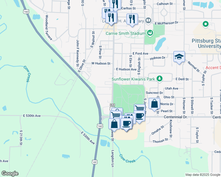 map of restaurants, bars, coffee shops, grocery stores, and more near 100-102 West Mead Street in Pittsburg