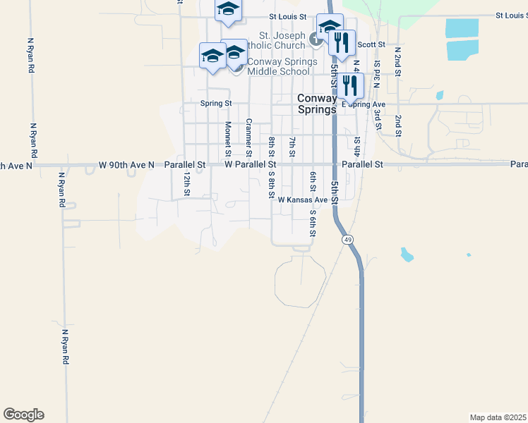 map of restaurants, bars, coffee shops, grocery stores, and more near Sports Complex Road in Conway Springs