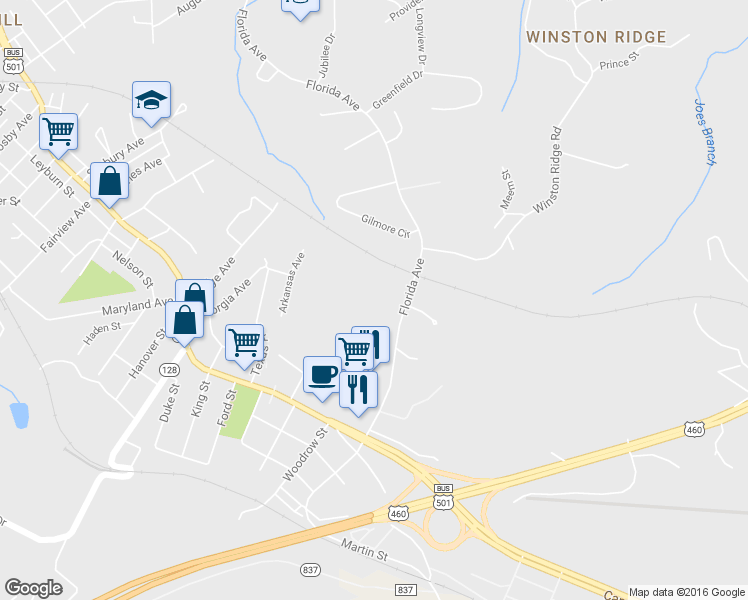 map of restaurants, bars, coffee shops, grocery stores, and more near 2117 Florida Avenue in Lynchburg