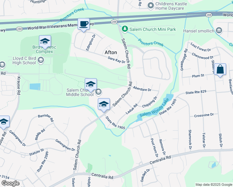 map of restaurants, bars, coffee shops, grocery stores, and more near 9600 Salem Church Road in Richmond