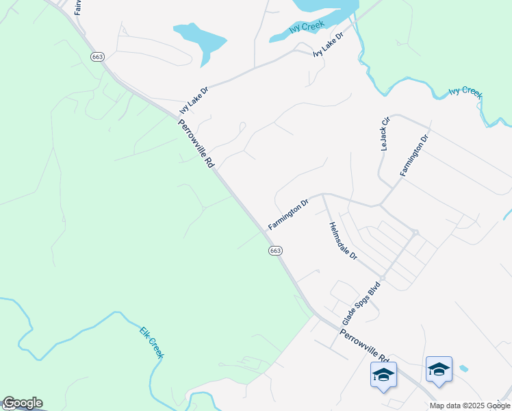 map of restaurants, bars, coffee shops, grocery stores, and more near 2367 Perrowville Road in Forest
