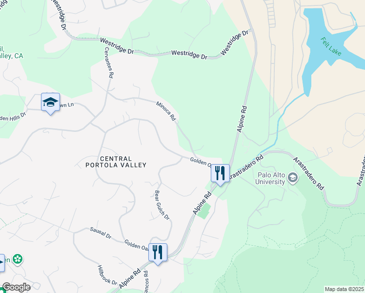 map of restaurants, bars, coffee shops, grocery stores, and more near 415 Golden Oak Drive in Portola Valley