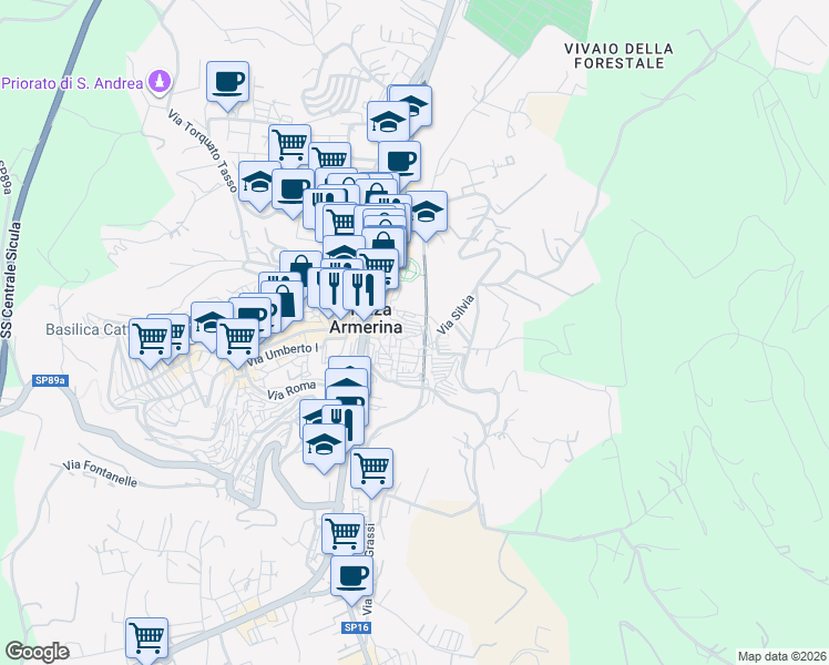map of restaurants, bars, coffee shops, grocery stores, and more near 16 Via Cardinale Trigona in Piazza Armerina