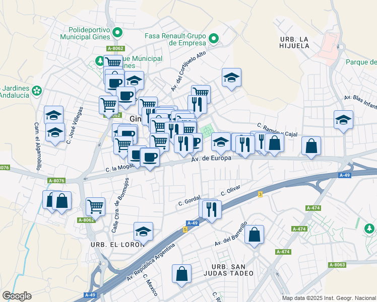 map of restaurants, bars, coffee shops, grocery stores, and more near 24a Avenida de Europa in Gines