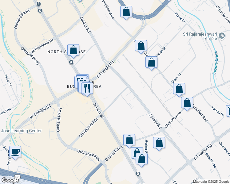 map of restaurants, bars, coffee shops, grocery stores, and more near 128 Component Dr in San Jose