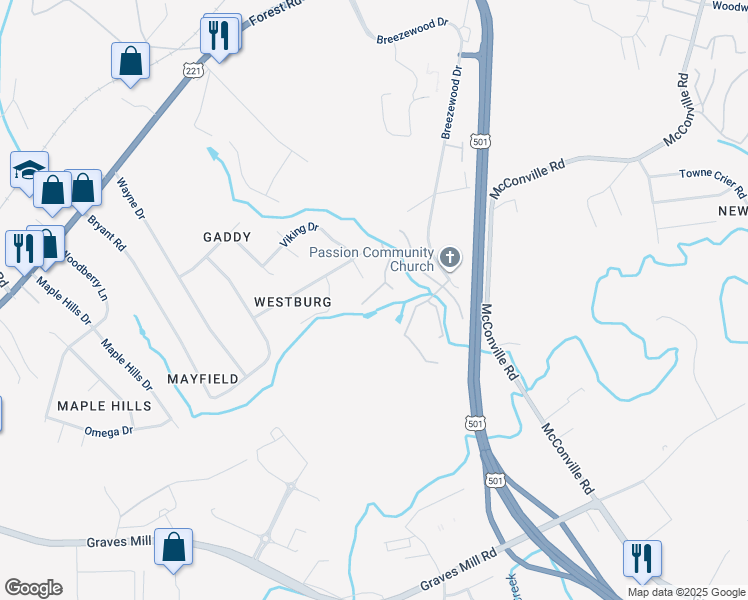 map of restaurants, bars, coffee shops, grocery stores, and more near 107 Jonathans Landing in Lynchburg