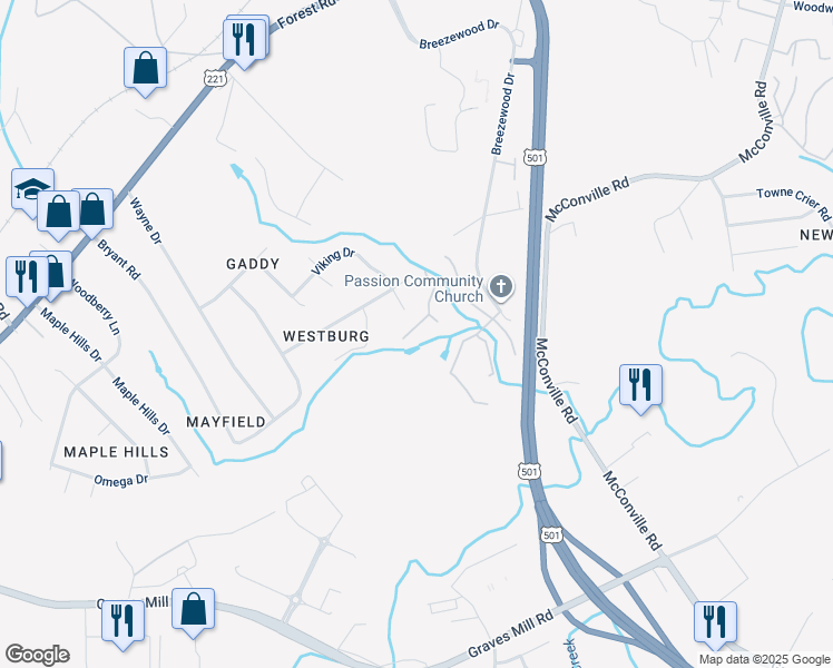 map of restaurants, bars, coffee shops, grocery stores, and more near 107 Jonathans Landing in Lynchburg