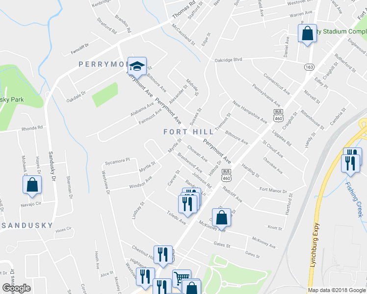 map of restaurants, bars, coffee shops, grocery stores, and more near 907 Chowan Avenue in Lynchburg