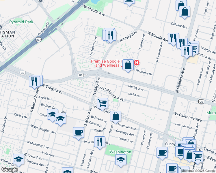 map of restaurants, bars, coffee shops, grocery stores, and more near 926 La Mesa Terrace in Sunnyvale