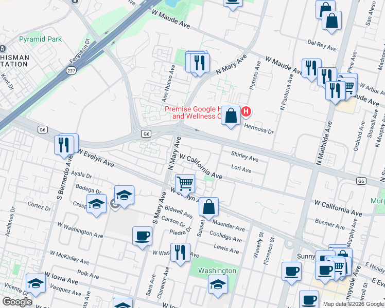 map of restaurants, bars, coffee shops, grocery stores, and more near 995 Belmont Terrace in Sunnyvale