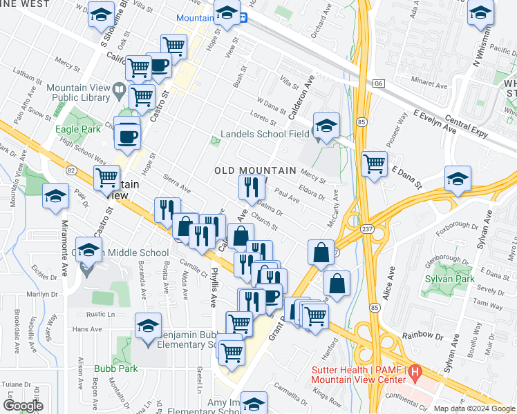 map of restaurants, bars, coffee shops, grocery stores, and more near 88 Church Street in Mountain View