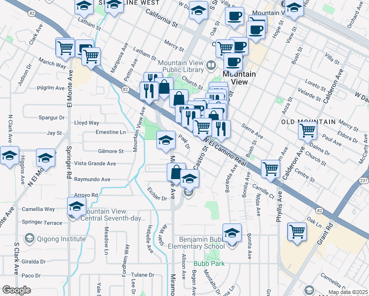 map of restaurants, bars, coffee shops, grocery stores, and more near 857 Sonia Way in Mountain View