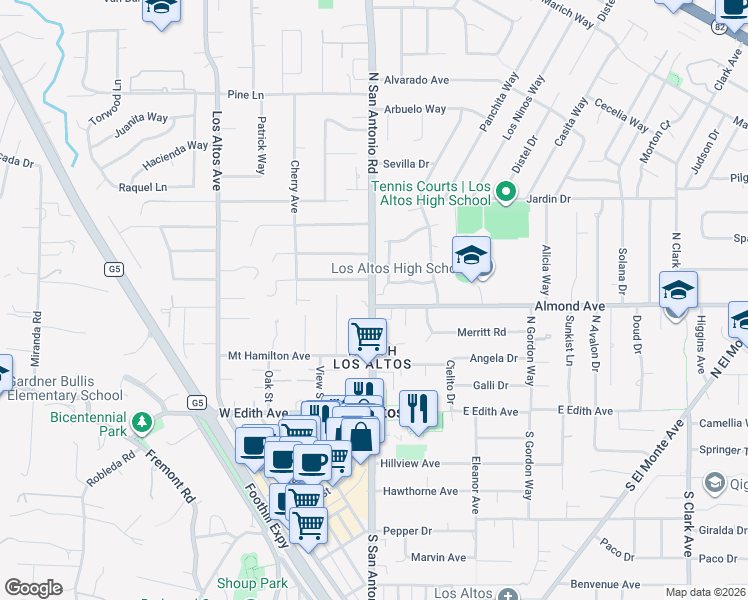 map of restaurants, bars, coffee shops, grocery stores, and more near 471 Panchita Way in Los Altos