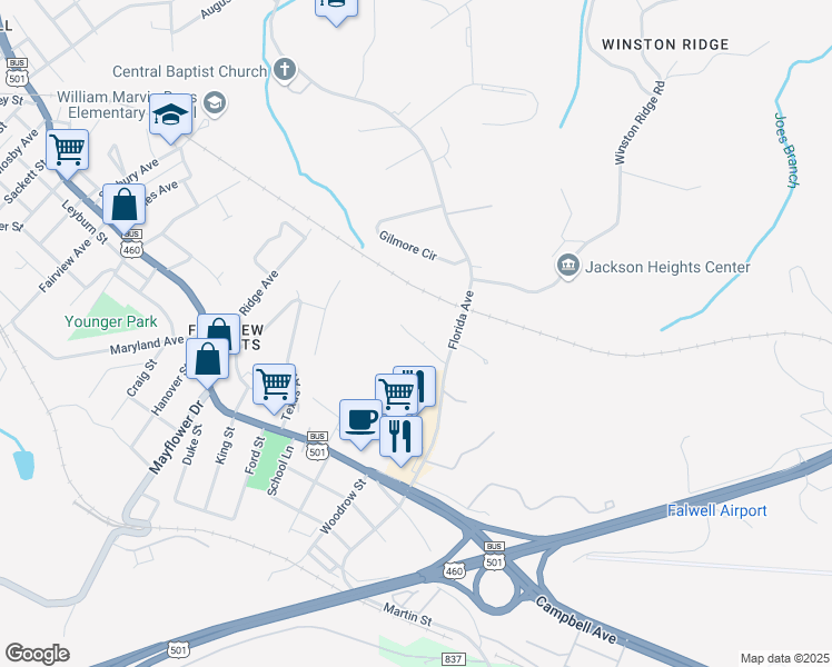 map of restaurants, bars, coffee shops, grocery stores, and more near 2117 Florida Avenue in Lynchburg
