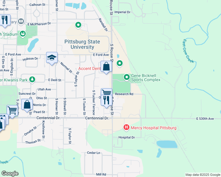 map of restaurants, bars, coffee shops, grocery stores, and more near 2010 South Rouse Avenue in Pittsburg