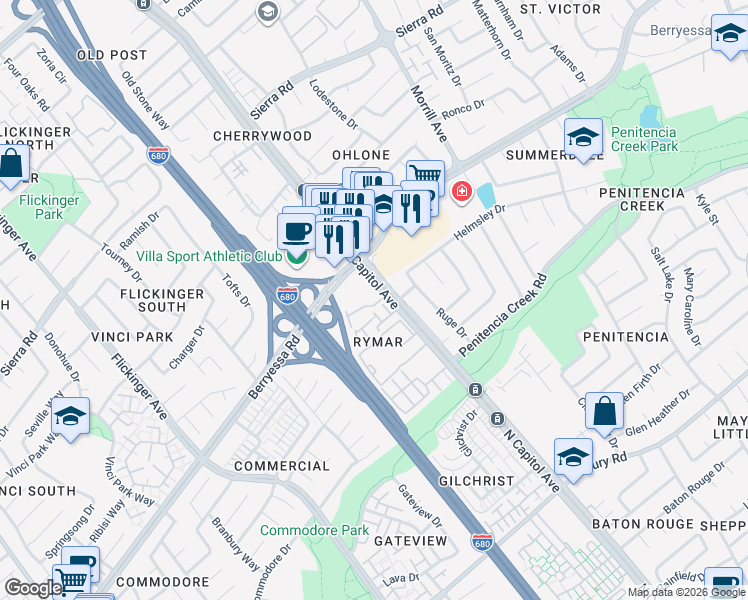 map of restaurants, bars, coffee shops, grocery stores, and more near 2586 Rymar Drive in San Jose