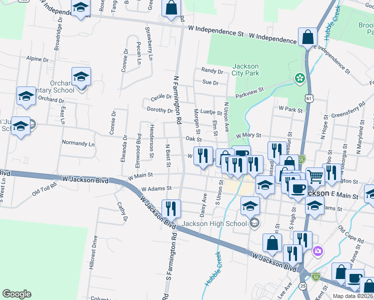 map of restaurants, bars, coffee shops, grocery stores, and more near 109/119 North Farmington Road in Jackson