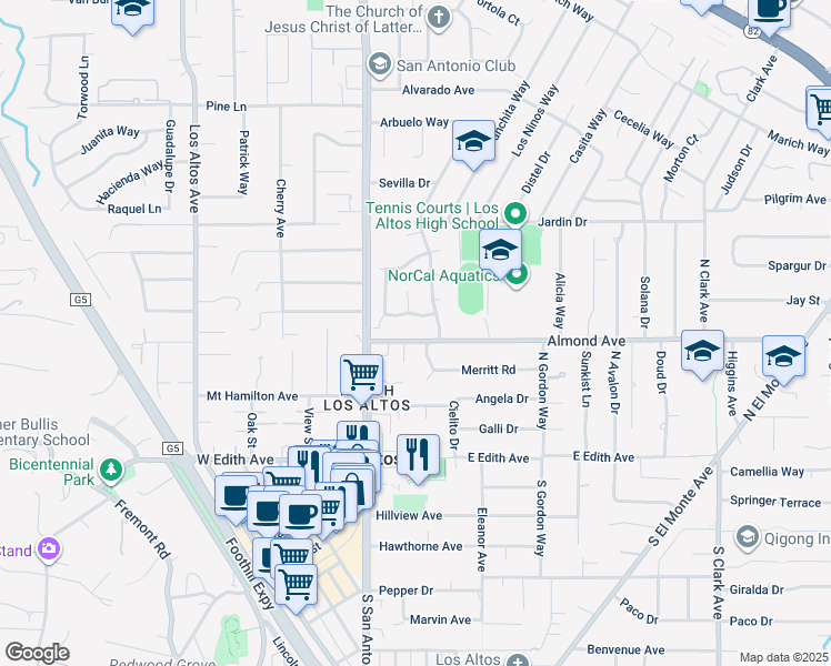 map of restaurants, bars, coffee shops, grocery stores, and more near 83 Almond Avenue in Los Altos