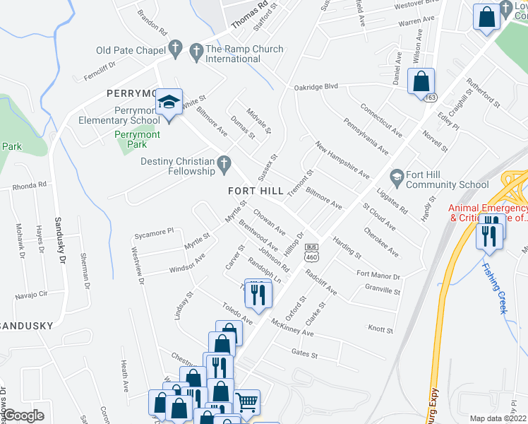 map of restaurants, bars, coffee shops, grocery stores, and more near 1000 Chowan Avenue in Lynchburg