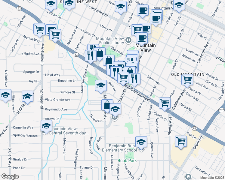 map of restaurants, bars, coffee shops, grocery stores, and more near 857 Sonia Way in Mountain View