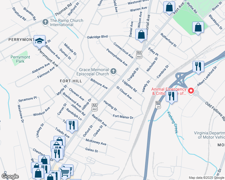 map of restaurants, bars, coffee shops, grocery stores, and more near 4206 Fort Avenue in Lynchburg