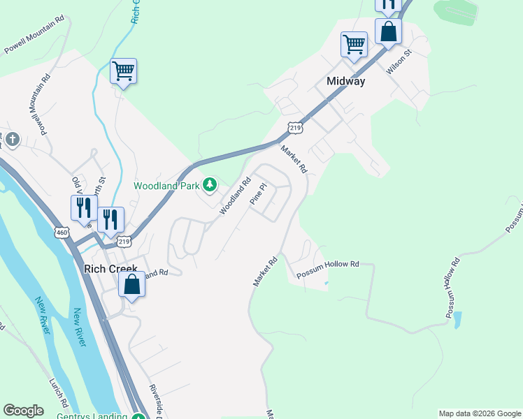 map of restaurants, bars, coffee shops, grocery stores, and more near 1000 Pine Place in Rich Creek