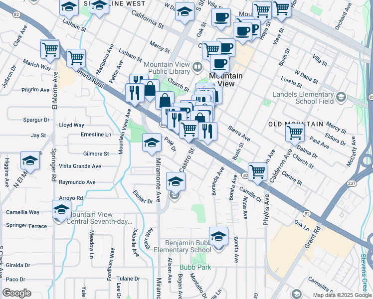 map of restaurants, bars, coffee shops, grocery stores, and more near 1030 Castro Street in Mountain View