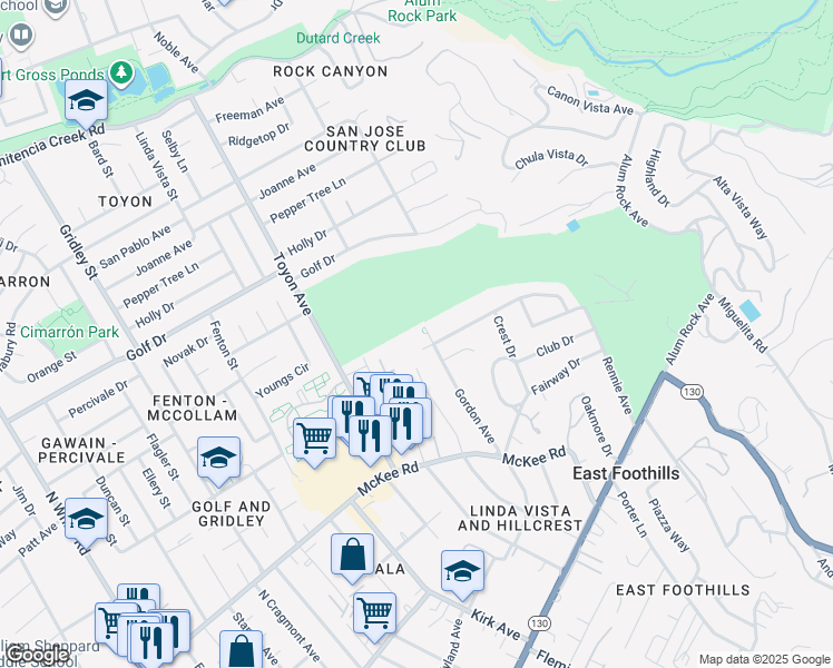 map of restaurants, bars, coffee shops, grocery stores, and more near 505 Gordon Avenue in San Jose