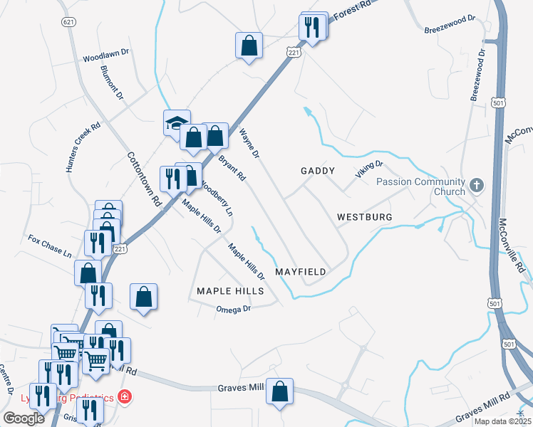 map of restaurants, bars, coffee shops, grocery stores, and more near 200 Bryant Road in Lynchburg