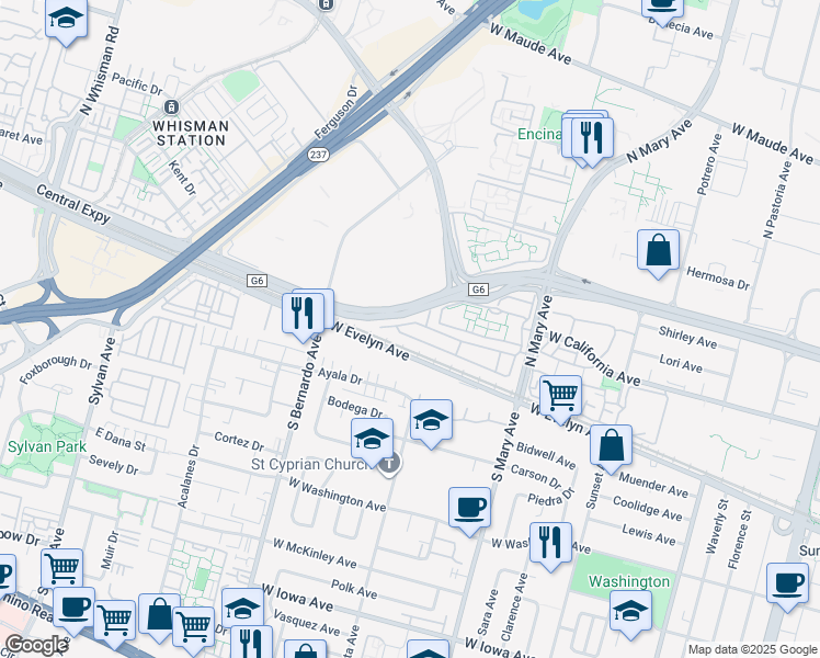 map of restaurants, bars, coffee shops, grocery stores, and more near 125 North Mary Avenue in Sunnyvale