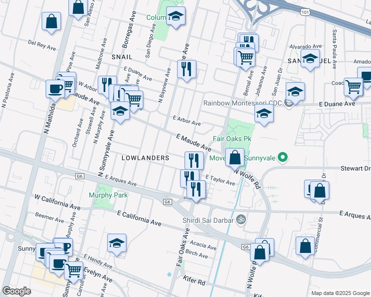 map of restaurants, bars, coffee shops, grocery stores, and more near 535 East Maude Avenue in Sunnyvale