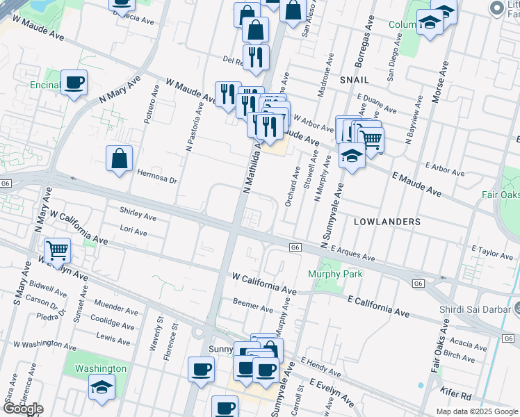 map of restaurants, bars, coffee shops, grocery stores, and more near in Sunnyvale