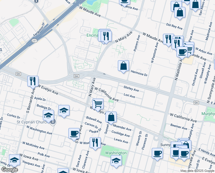 map of restaurants, bars, coffee shops, grocery stores, and more near 975 La Mesa Terrace in Sunnyvale