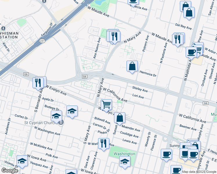 map of restaurants, bars, coffee shops, grocery stores, and more near 995 La Mesa Terrace in Sunnyvale