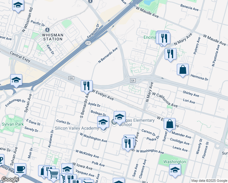 map of restaurants, bars, coffee shops, grocery stores, and more near 408 Central Expressway in Sunnyvale