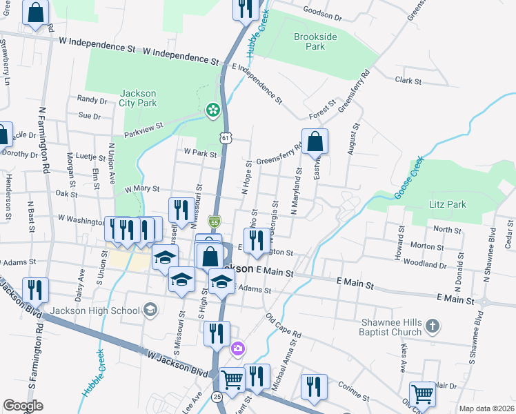 map of restaurants, bars, coffee shops, grocery stores, and more near 501 North Georgia Street in Jackson