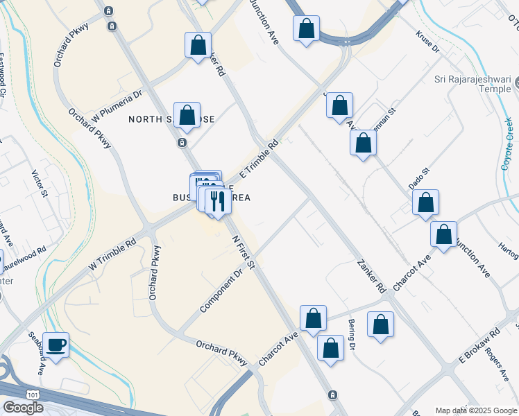 map of restaurants, bars, coffee shops, grocery stores, and more near 2570 North 1st Street in San Jose