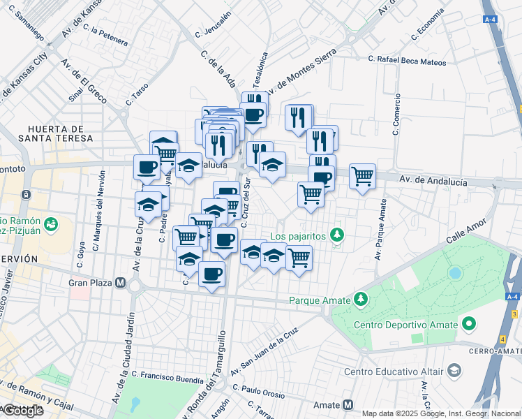 map of restaurants, bars, coffee shops, grocery stores, and more near Avenida Isabel la Católica in Sevilla