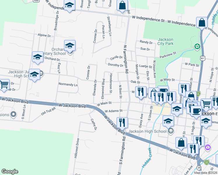 map of restaurants, bars, coffee shops, grocery stores, and more near 1002 Oak Street in Jackson