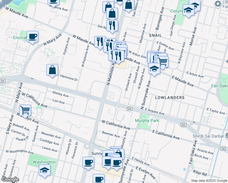 map of restaurants, bars, coffee shops, grocery stores, and more near in Sunnyvale