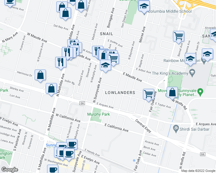 map of restaurants, bars, coffee shops, grocery stores, and more near in Sunnyvale