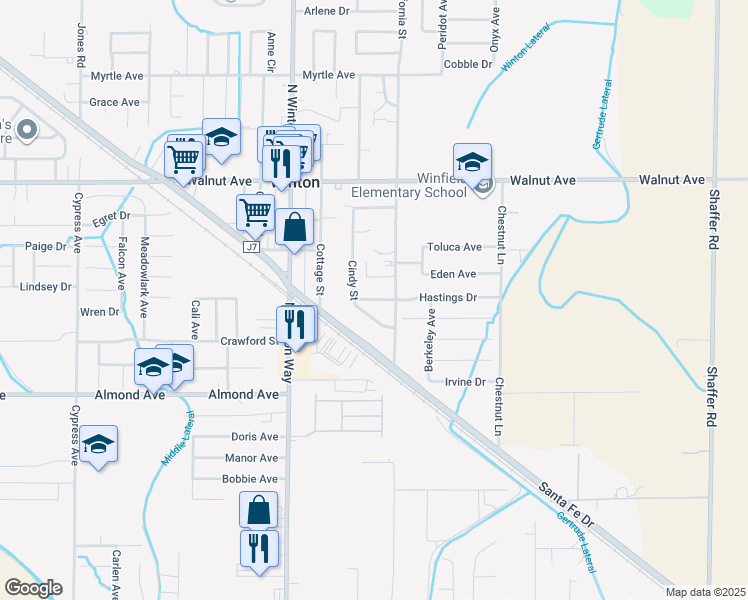 map of restaurants, bars, coffee shops, grocery stores, and more near 6800 Helton Street in Winton